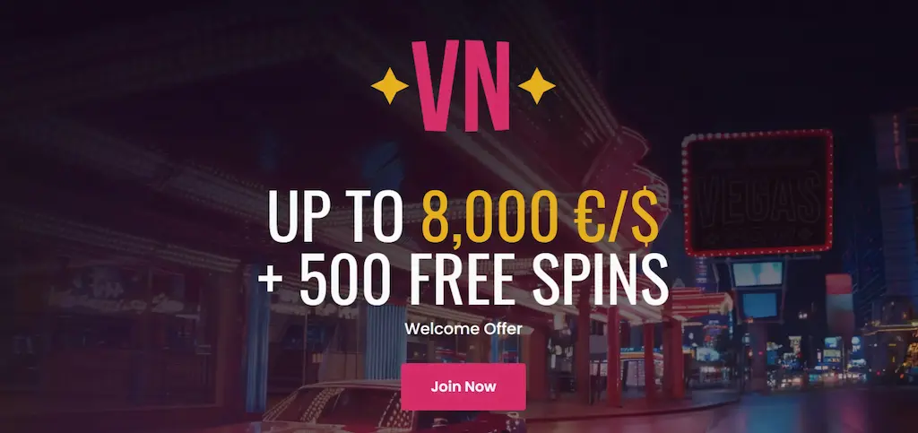VegasNow online casino homepage with pokies, live casino games and welcome bonus